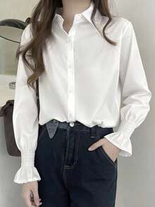 Women's French Flare Cuff Single-Breasted Shirt, Fashionable Versatile - White - View 4