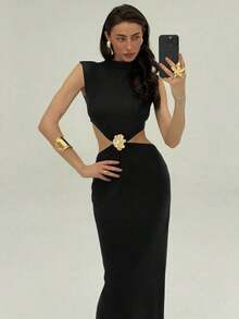 xheAloruh Vestido de mujer con diseño floral calado y diseño de cintura sexyxhe - Negro - Ver 6