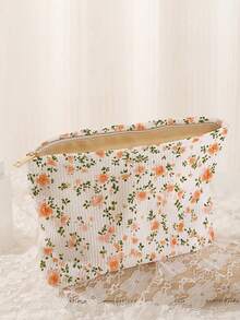 1 pieza Bolsa de cosméticos portátil con estampado floral, bolsa de maquillaje con cremallera impresa por ambos lados, organizador de artículos de tocador multifuncional para viajes - Multicolor - Ver 4