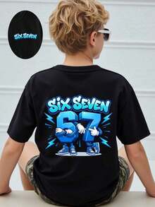 GraphicGems Boys' Basic Short Sleeve T-Shirt, Casual, Elegant, Creative, Personalized, Refreshing, Chic, Minimalist, Cool Style, With Digit 67 Football Graphic Print, Comfortable Clothing For Daily Wear, Cozy Summer And Autumn Styles, Suitable For 7 Year Olds, Graphic Clothing For Boys, Hip Hop Clothing For Boys. - 酒紅色 - 查看 3
