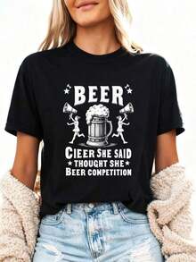Pure Cotton T-Shirt "Cheer Dad Cheerleader Beer Competition Cheer Papa" - 黑色 - 查看 3
