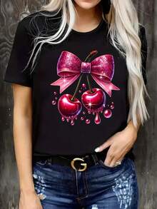 002 |   1 pieza |   Camiseta de moda con encaje y estampado de cerezas, diseños únicos. Nueva camiseta casual deportiva y cómoda de cuello redondo para mujer. - Negro - Ver 1