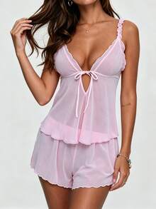 Women's 2pcs Sheer Mesh Sleep Set, Tie Front Deep V Neck Babydoll Cami Top Ruffle Hem Shorts Set - Pink - View 6