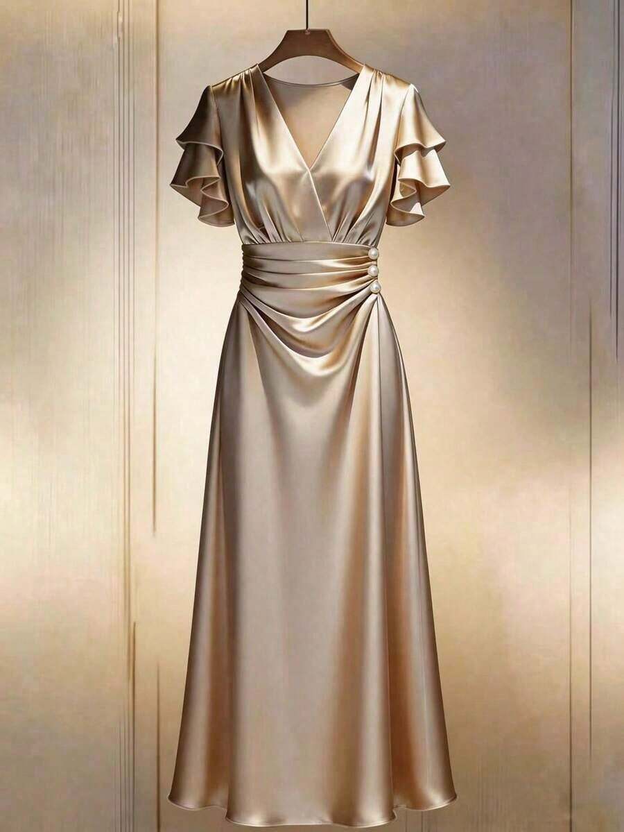 Nuevo vestido midi elegante con cintura ceñida para primavera/verano, vestido maxi grácil para mujer, vestido largo de verano para mujer, vestido de verano para mujer, conjunto de verano para mujer, vestido de cumpleaños para mujer, vestido de invitada de boda para mujer, conjunto de Día de San Valentín para mujer, vestido de cumpleaños para mujer, vestido ajustado minimalista y sexy con escote en V cruzado y decoración de botones para mujer, vestido de seda, vestido ajustado de satén, vestido de satén champán, vestido largo de fiesta, vestido de seda elegante, vestido de lujo, vestido estilo diosa - Champán - Ver 1