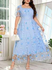 Reflora Vestido elegante de cuello cuadrado con mangas de pétalos de malla y bordado floral para mujer de talla grande - Azul - Ver 10