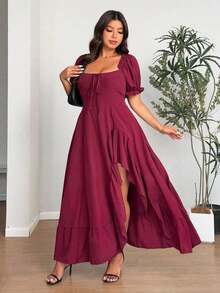 Clasi Vestido casual de fiesta con cintura fruncida y anudada, abertura lateral, para mujer de talla grande y unicolor - Burdeos - Ver 1