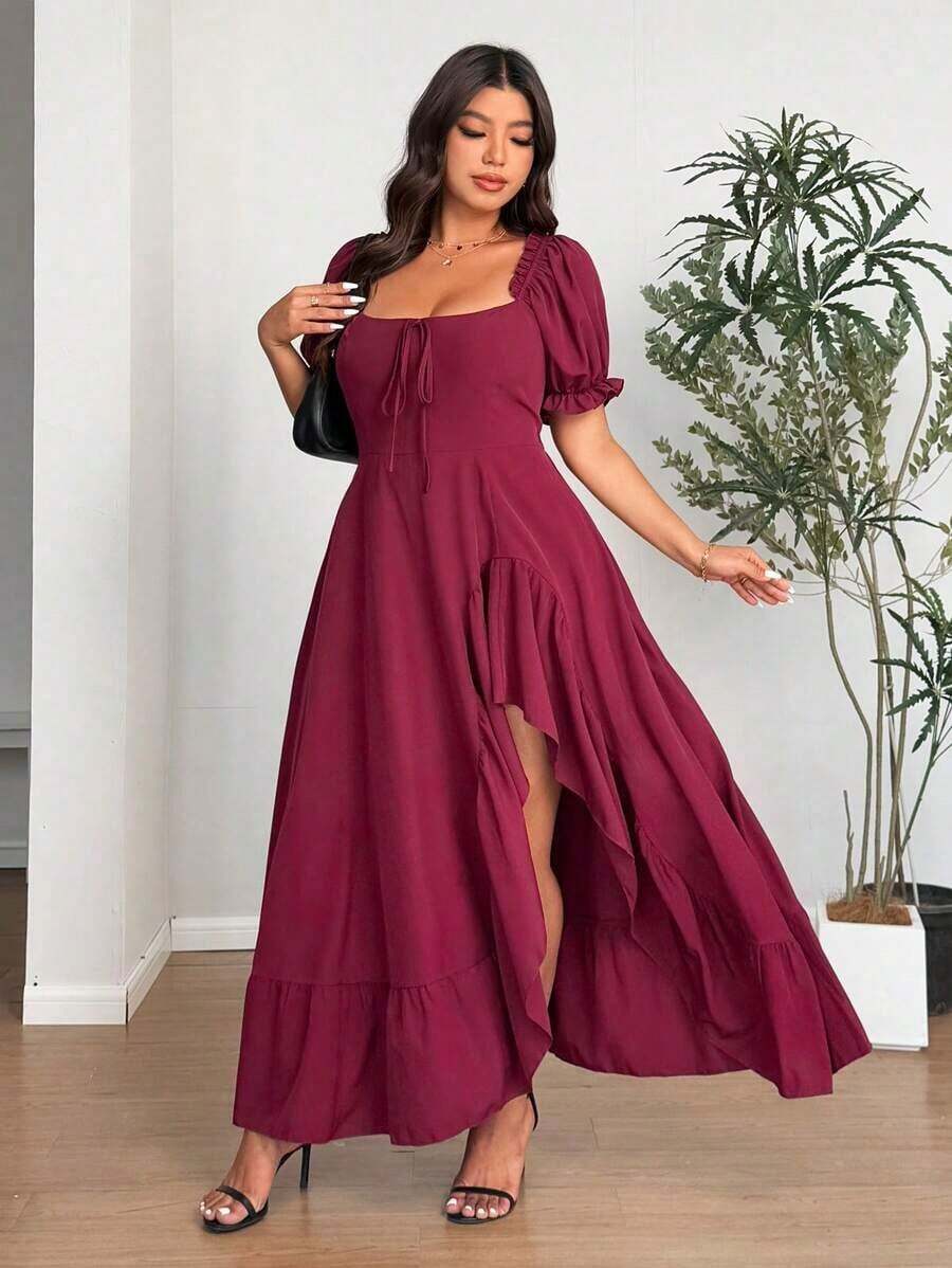 Clasi Vestido casual de fiesta con cintura fruncida y anudada, abertura lateral, para mujer de talla grande y unicolor - Burdeos - Ver 1