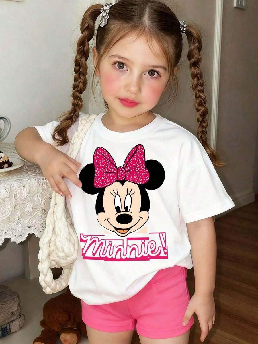 Disney White Background Minnie Mouse Bright Pink Polka Dot Bow Bold Letter Print Kids' Short Sleeve T-Shirt - Sweet And Vibrant Casual Top - White - View 1