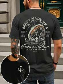 Camiseta de manga corta de cuello redondo con estampado de letras, talla estándar para hombre - Negro - Ver 1