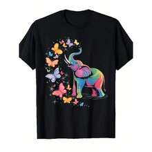 2026 New Rainbow Elephant & Butterfly Graphic T-Shirt For Men, Summery, Breathable Crew Neck T-Shirt For Elephant Lovers And Nature Lovers - Black - View 2