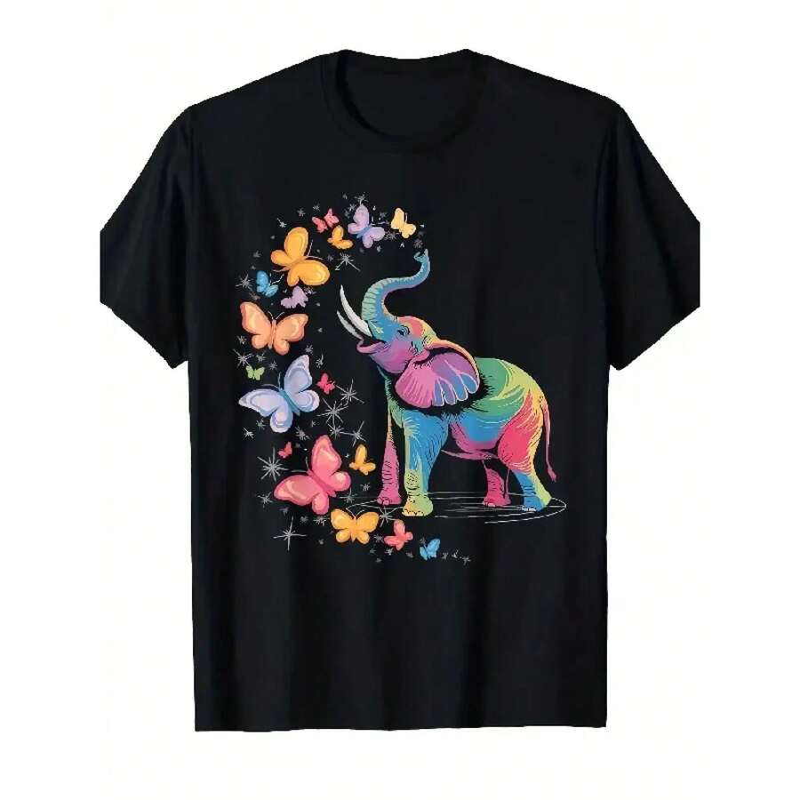 2026 New Rainbow Elephant & Butterfly Graphic T-Shirt For Men, Summery, Breathable Crew Neck T-Shirt For Elephant Lovers And Nature Lovers