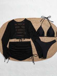 Swim Conjunto de bikini de unicolor con parte superior y falda de cobertura, con escote halter y lazos, para mujer en verano - Negro - Ver 6