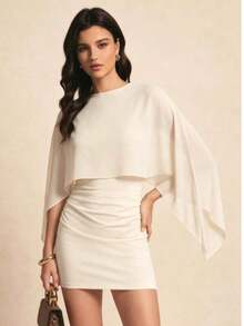 Vestido mini 2 en 1 de unicolor con mangas de murciélago y patchwork, ligero, para citas nocturnas, vacaciones, fiestas de cumpleaños y uso diario - Champán - Ver 2