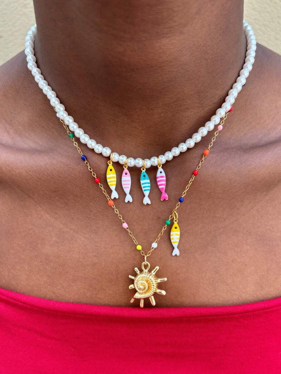 Summer Island Faux Pearl Beaded Necklace, Niche Design Vacation Style Colorful Small Fish And Seashell Pendant Necklace - Necklace - View 1
