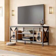 Industrial TV Stand For 55-65 Inch TVs, 60" TV Cabinet With 3 Tier Open Shelves, Entertainment Center TV Console Table With Metal Frame, Sofa Table For Living Room, Bedroom, Office, Valentine's Day Ideas, Black - 灰色 - 查看 11