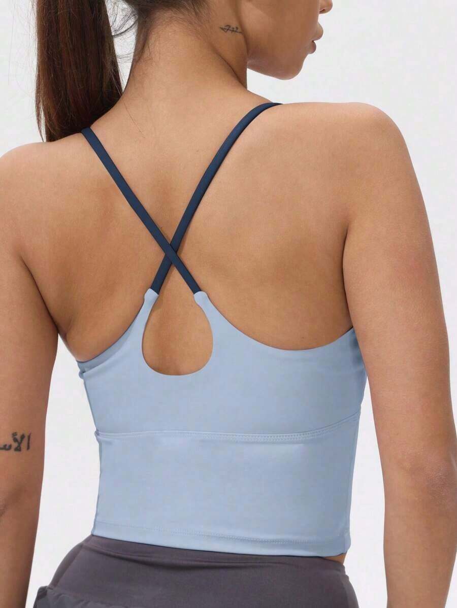 Women's Athletic T-Shirt With Fixed Padding, Color Contrast, Elastic, Summer Yoga Top - 灰湖藍 - 查看 1