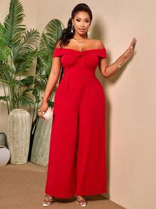 BIUBIU Plus Size Red Sleeveless Jumpsuit,Off Shoulder Long Knitted Fabric Jumpsuit With Stylish Twist Detail,Medium Stretch For A Flattering Bodycon Fit - Bright Red - View 5
