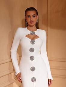 Love Aing Women's Spring/Autumn/Winter Shiny One-Piece Molded Round Neck Hollow Long Sleeve Sparkling Rhinestone Fashion Sexy Black Formal New Year White - White - View 11