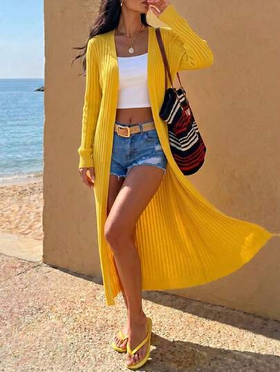 Nuevo llegado de primavera y verano Cárdigan de punto acanalado amarillo largo para mujer, Abrigo de punto de cuello en V y frente abierto, Uso casual y de oficina, Otoño, Parte superior para salir