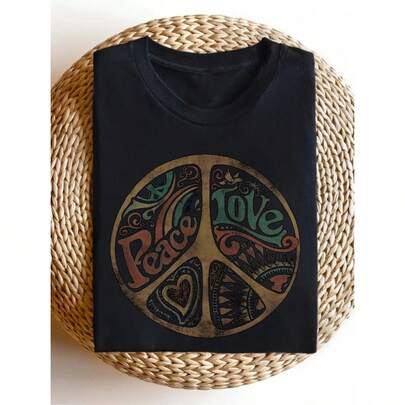 Lightweight And Stretchy Peace Sign Pattern-Shirt - Bright Floral And Heart Designs, Casual Crew Neck Top Spring, Summer, And Autumn, Washable Comfort