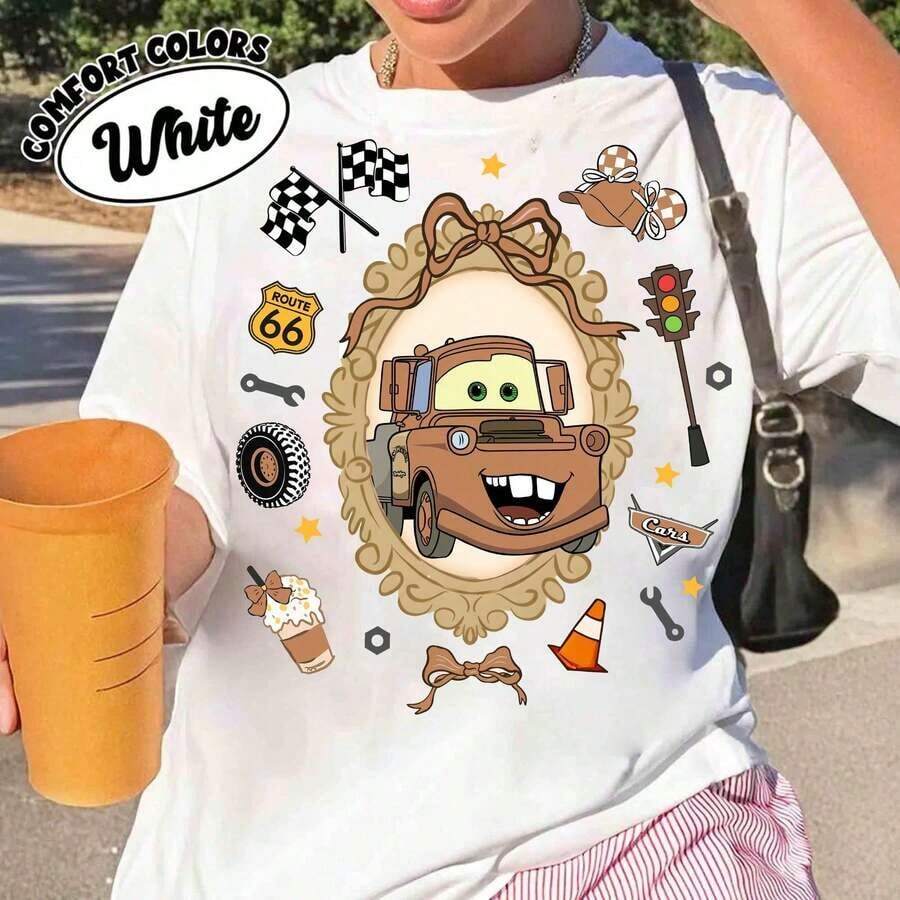 Vintage Disney Coquette Bow Cars Characters ComfortColors Shirt, Disney Lightning Mcqueen Shirt, Cars Radiator Springs Tee, Disney Trip Tee Disney Oversized T-Shirt - White - View 1