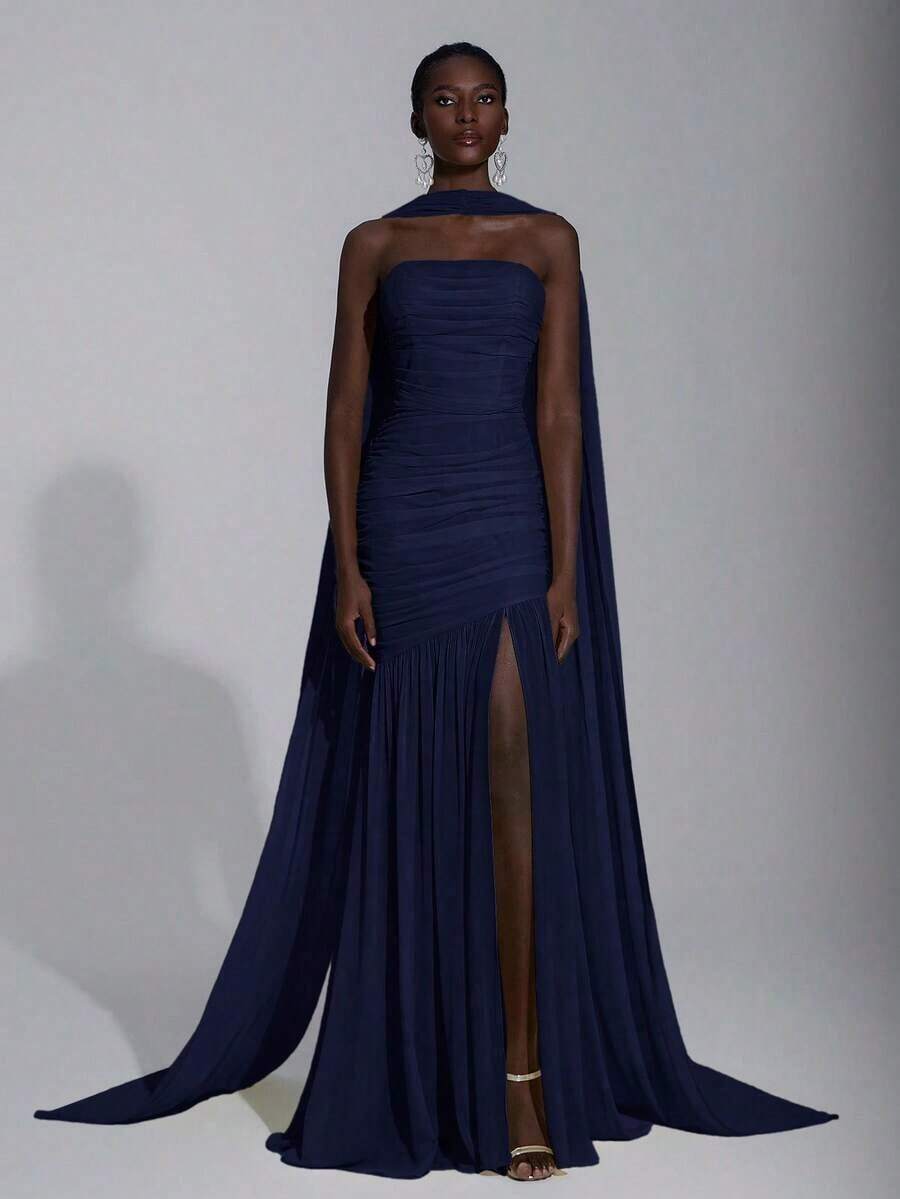 Elitara Vestido de gasa elegante de color crema amarillo con cuello halter (lentejuelas desmontables), busto fruncido, bajo de malla con cola de pez, adecuado para citas, vacaciones, bodas, eventos de dama de honor - Azul marino - Ver 1