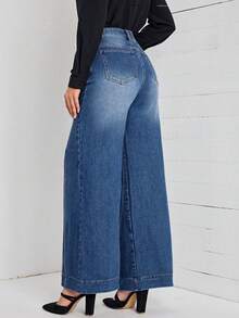 CHILAM Elegant Women's Denim Jeans With Flared Leg, Pocket, Button, Medium Stretch Fabric, Wide Leg Design And Appliqués. - 藍色 - 查看 4