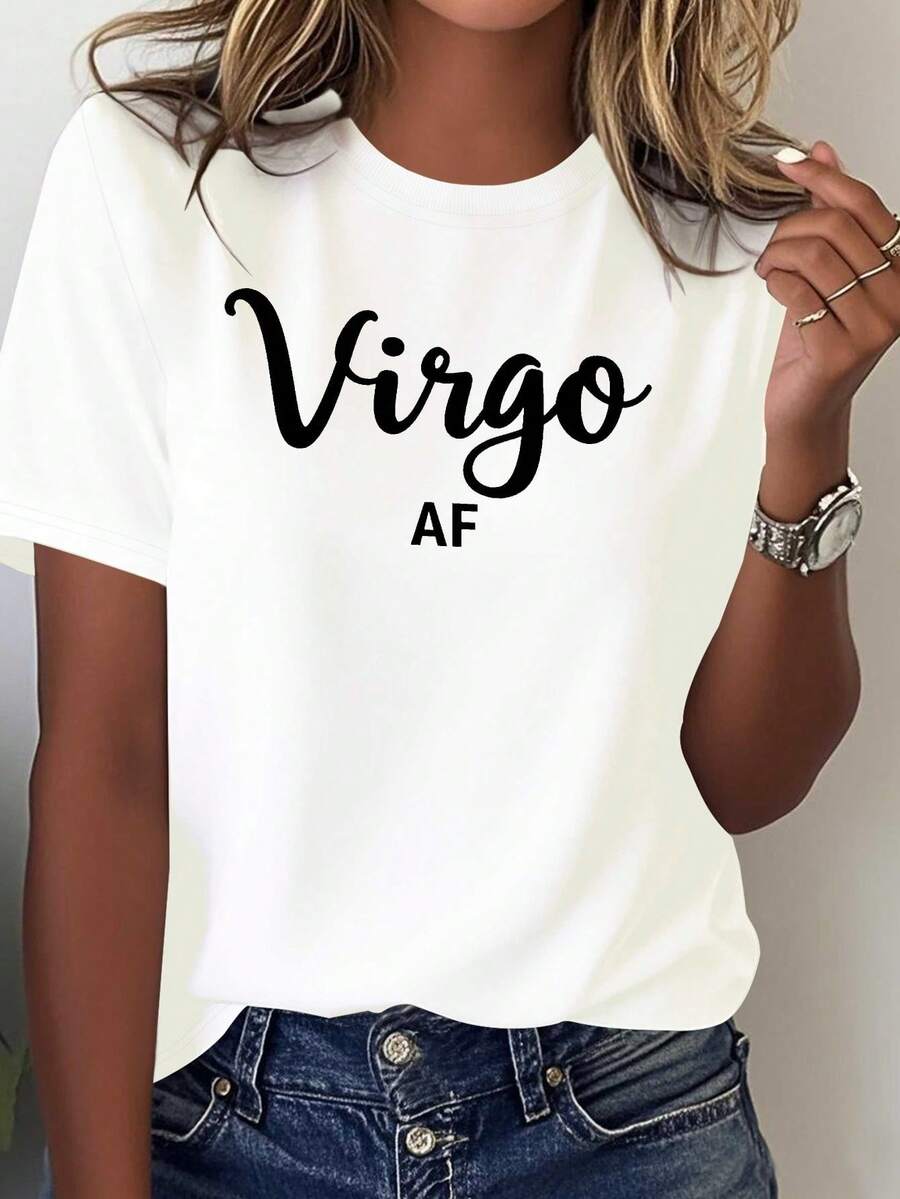 Women's Virgo Zodiac Pattern T-Shirt AF - Red Short Sleeve Crew Neck Top, 100% Comfortable And Casual, With White Cursive Lettering - Virgo Seasonal Garment And Astrology Casual Clothing - Modern Design With Text And Geometric Pattern - Machine Washable For All Seasons - Loose Fit For All Body Types - Personalized Virgo Themed T-Shirt, Virgo Women's T-Shirt. - 白色 - 查看 1