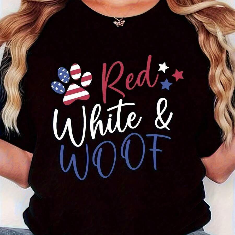 TrendyWos Red And White Patriotic T-Shirt With Flag And Dog Paw Print Design, Casual Short Sleeve Crew Neck T-Shirt, Comfortable And Washable, For Dog Lovers, Letter Print Style, High Quality Pure Cotton T-Shirt With Minimalist Print, Soft And Breathable Fabric, Comfortable And Loose Fit, Suitable For Daily Wear, Ideal For Casual Office Wear, Spring And Summer Daily Appearance, Stylish And Youthful Design, Men's Clothing For Daily Use. - 黑色 - 查看 1
