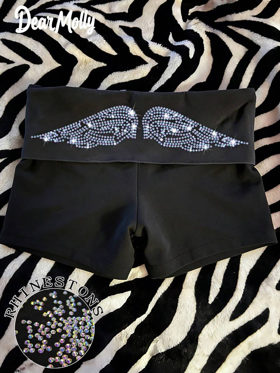 Dear Molly Y2K American Retro Gothic High-Waist Cuffed Shorts, Sparkling Rhinestone Wing Pattern, Bling Casual Bottoms For Daily, Street & Party Wear - Black - View 1