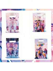 10个装 K-Pop Huntrix 官方主题礼品袋，带提手，可爱卡通 K-Pop 动漫塑料派对袋，适合 K-Pop 粉丝聚会和派对装饰，可用作糖果袋 - 彩色 - 查看 9