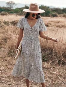 Vestido largo de mujer de línea A con estampado total y bajo dividido - Blanco - Ver 4
