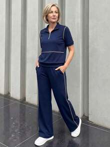 Conjunto de top de manga corta y pantalones con ribete de contraste para mujeres de edad media y mayores - Azul - Ver 7