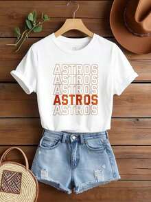 Women's Cotton T-Shirts With Round Neck And Graphic Print, Astros Astros Astros Astros Astros, Casual Oversized Short Sleeve T-Shirts, Unisex T-Shirts, Fashionable Spring And Summer T-Shirts For Women, Unisex. - 白色 - 查看 1