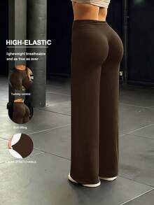 GAOVOT Pantalones anchos y rectos de cintura alta para mujer, de verano, para deportes y ocio, sueltos en la cadera y el vientre, para yoga, pilates, ejercicio y gimnasio - Marrón - Ver 4