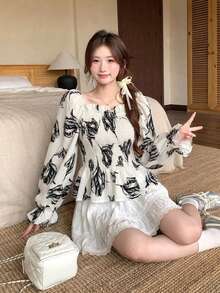 女士水墨画褶皱休闲百搭日常衬衫 - 杏色 - 查看 6