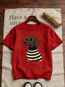 1 Piece Of Exquisite Printed Short-Sleeved Shirt, Fashionable Casual Shirt For Women, With A Lovely Cartoon Puppy Print, Comfortable And Soft Fabric, Suitable For Everyday Wear, Ideal For Street Photography, And For Sports And Fitness Activities. Unisex T-Shirts For Summer Outings 180g 100% Cotton - 白色 - 查看 8