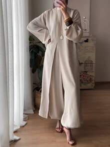 Women's Casual Minimalist Stand Collar Long Sleeve Split Hem Tunic Top And Loose Pants 2-Piece Set, Solid Color, Daily Wear, Spring/Autumn/Winter - Apricot - View 4