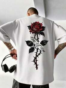 Camiseta de manga corta con estampado de rosa para hombre, estilo callejero gótico, adecuada para el verano, cómoda y transpirable, de moda vanguardista - Blanco - Ver 2
