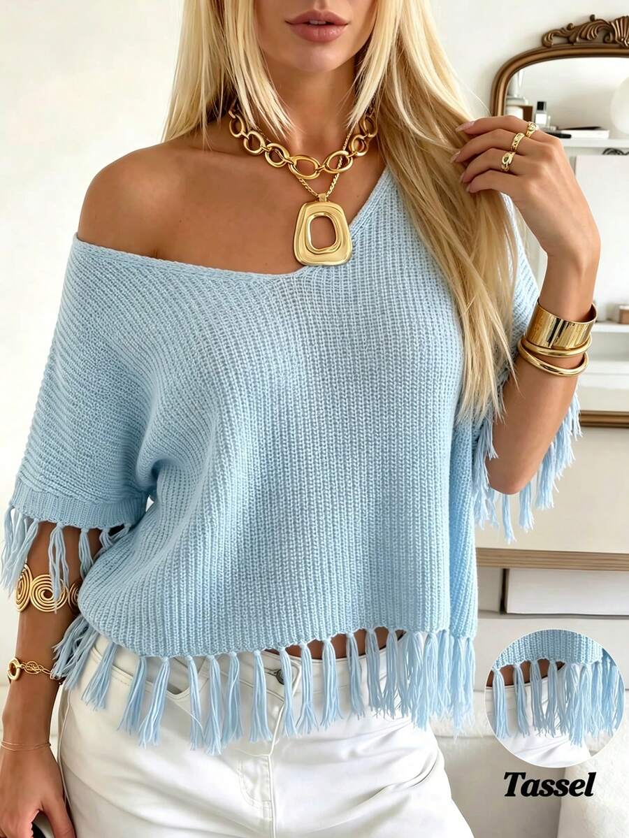Women's New Style Blue V-Neck Fringe Design Ribbed Cuff Daily Casual Luxe Fashion Minimalist Basic Party Travel Going Out Sweater, Spring And Summer - Blue - View 1