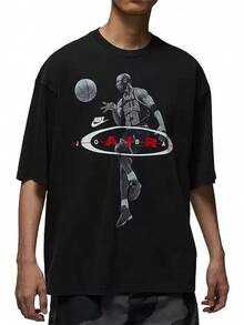 Nike Nueva camiseta de hombre de cuello redondo, suelta y transpirable con estampado de patrón Jordan - Negro - Ver 1