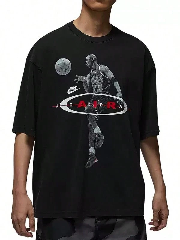 Nike Nueva camiseta de hombre de cuello redondo, suelta y transpirable con estampado de patrón Jordan - Negro - Ver 1