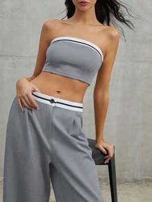 Luminelle Conjunto de top bandeau y pantalones anchos plisados de moda, versátil para vacaciones y fiestas - Gris - Ver 4