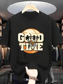 Camiseta de Algodón 100% para Hombres Talla Grande con Estampado de Aro de Baloncesto y "GOOD TIME" - Manga Corta, Cuello Redondo, Casual para Verano, Adecuada para Primavera, Verano y Otoño - Cómoda y Transpirable, TALLA GRANDE - Negro - Ver 1