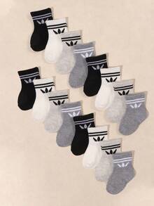 10 Pairs Kids Random Solid Color Short Socks With Classic Stripes And Leaf Patterns, Available In Black/White/Grey Neutral Colors. Breathable Children's Socks For Daily Wear And Playtime, Versatile Multi-Color Style Suitable For All Seasons, Practical Birthday Gift For Active Kids. - Multicolor - View 2