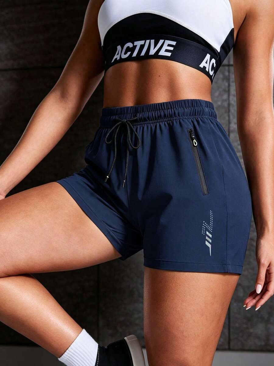 Bestseller Damen Sportshorts mit Taschen und Kordelzugbund: Schnelltrocknend, elastisch, atmungsaktiv, geeignet für Freizeitlauf und Fitnesskleidung - marineblau - Übersicht 1