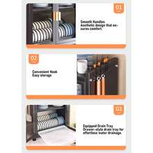 65*45*28cm 3-Tier Kitchen Dish Rack, 3-Tier Dish Drainer With Door, Kitchen Cabinet - Black - View 3