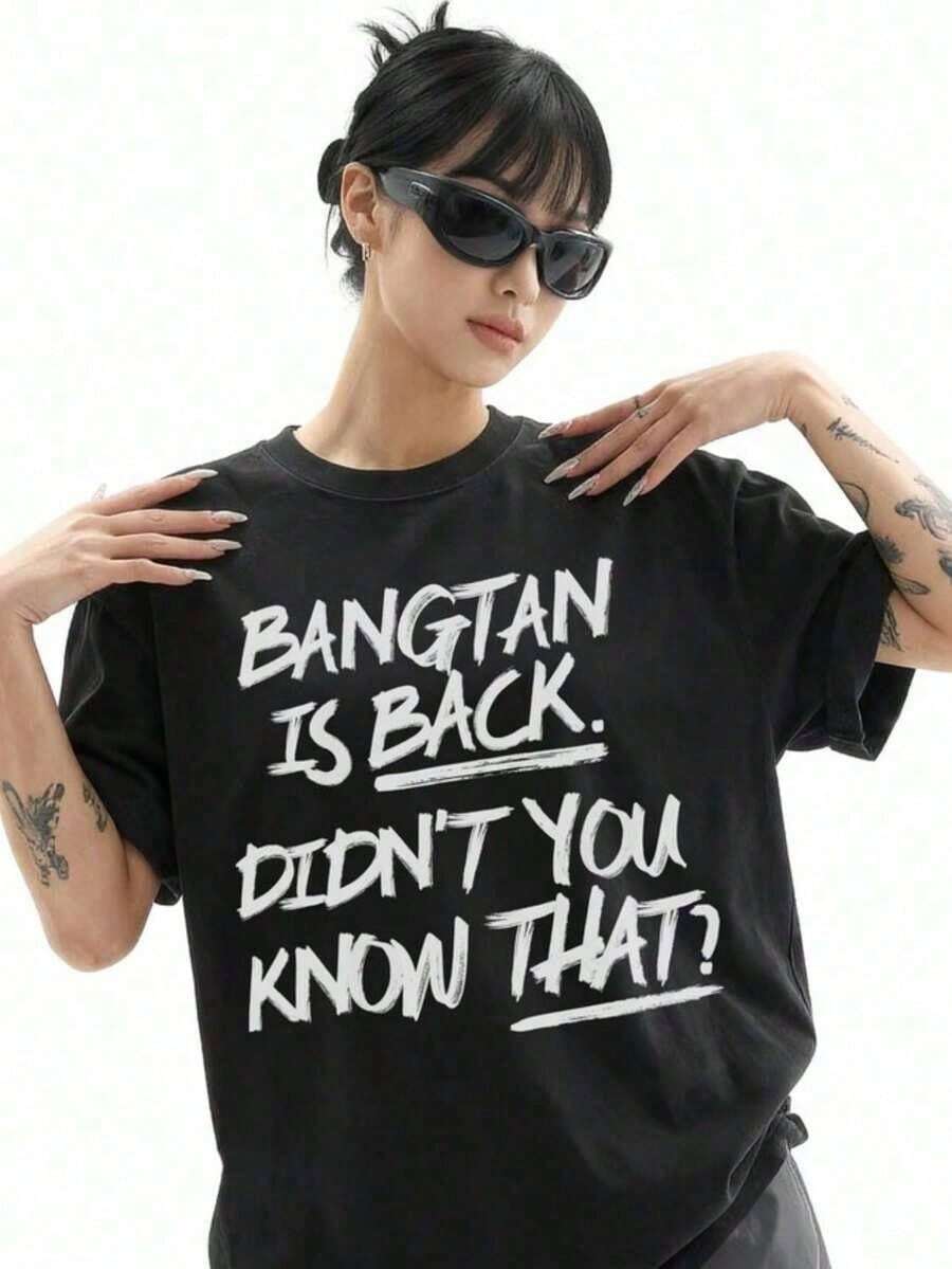 2026 K-Pop Comeback Graffiti T-Shirt World Tour Concert Outfit Camiseta informal de moda con estampado creativo, de manga corta y cuello redondo,  verano T-Shirt Women Festive Celebration Shirt Party Wear Top - Negro - Ver 1
