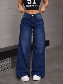 Pantalones de mezclilla anchos de cintura alta, gris negro, elásticos, con buena caída - Azul - Ver 2