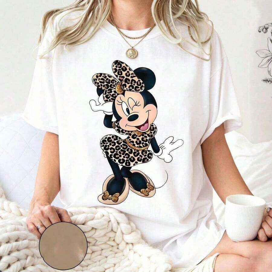 Leopard Print Minnie Mouse Shirt, Cute Disney Minnie Shirt, Leopard Minnie Ear Shirt, Leopard Women Shirt, Disney Girl Vacation ShirtDisney Oversized T-Shirt - White - View 1